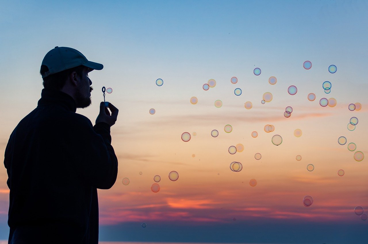 soap bubbles, blowing bubbles, sunset, man, silhouette, nature, life, dusk, twilight, life, life, life, life, life